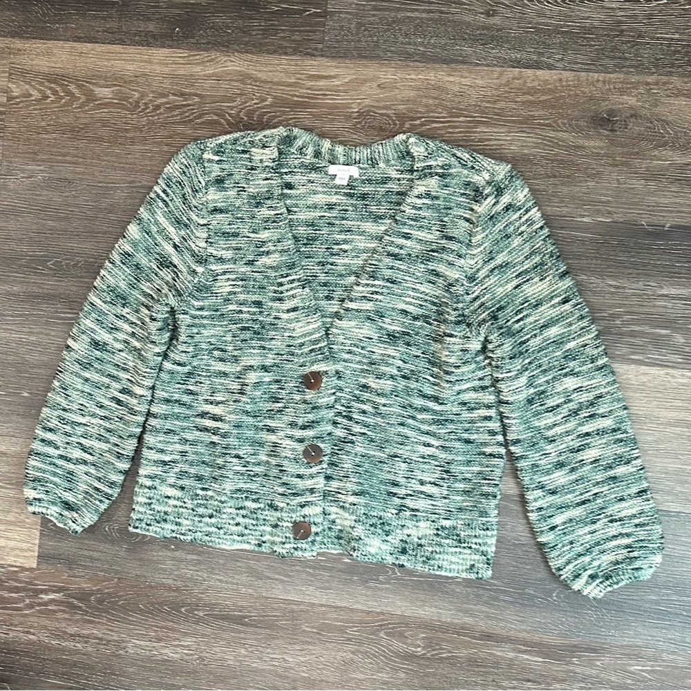 Pure Jill J. Jill Green Marled Knit 100% Cotton V-Neck Cardigan Size Large